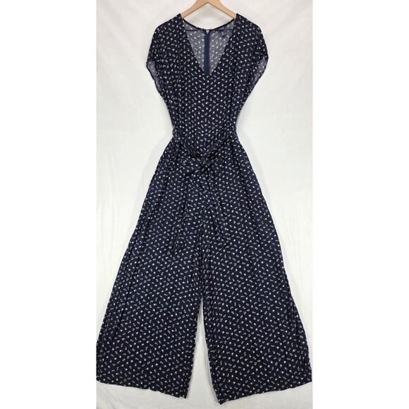 Chaps Womens Jumpsuit Wide Leg Crop Belt Pockets Floral Navy Blue Coastal Sz 16 - Picture 1 of 16